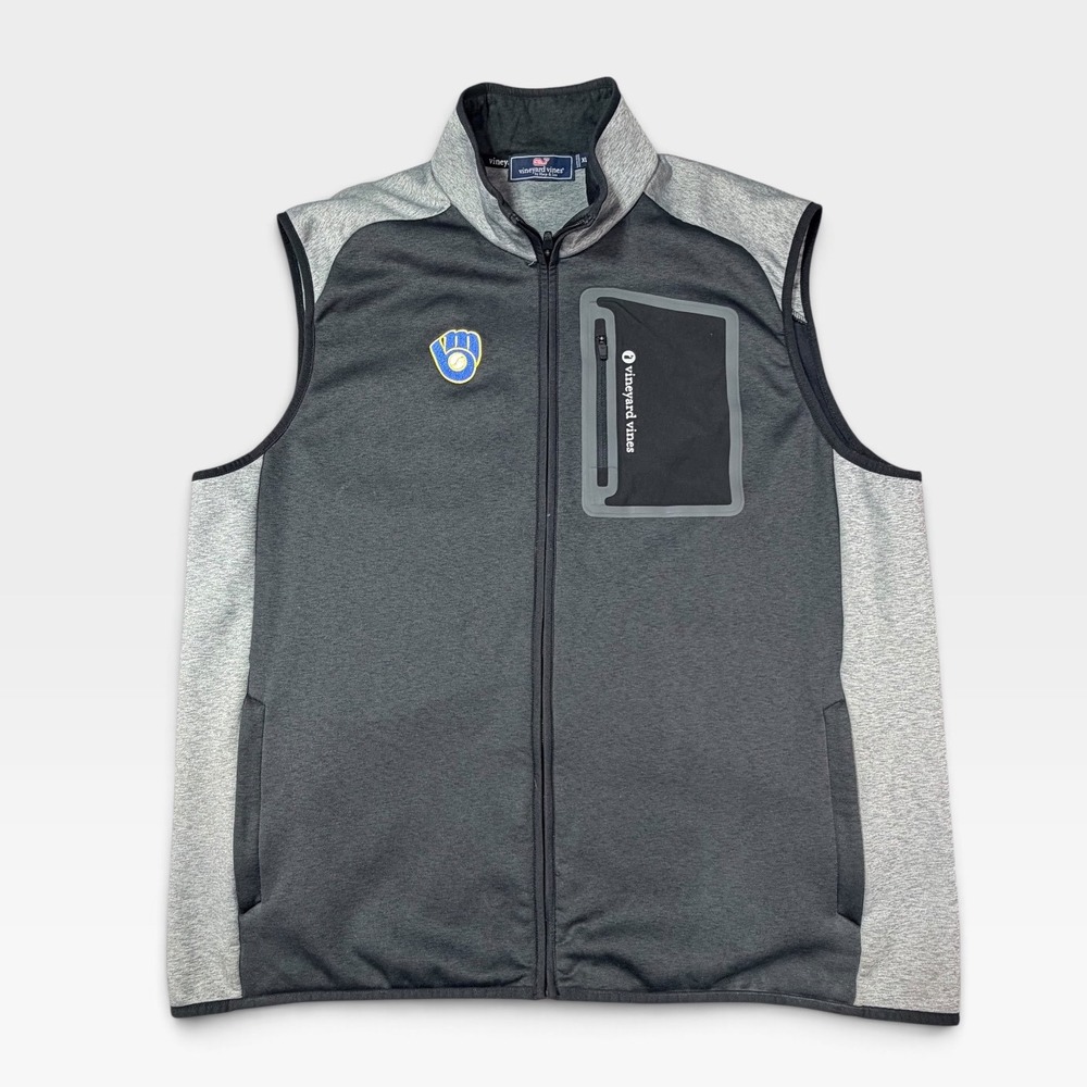 Vineyard Vines Milwaukee Brewers MLB Performance Full Zip Vest Gray Mens XL